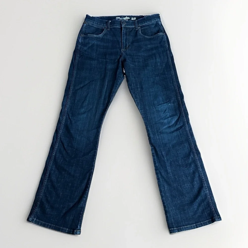 Wrangler Retro Jeans Mens 32x34 Dark Blue Denim Patch Slim Fit Bootcut 77MWZDX